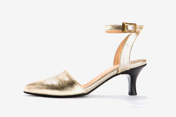 Mariage - Gold Heel Wedding Shoes - Gold Ankle strap heel shoes - kitten heel shoes - Handmade by ImeldaShoes