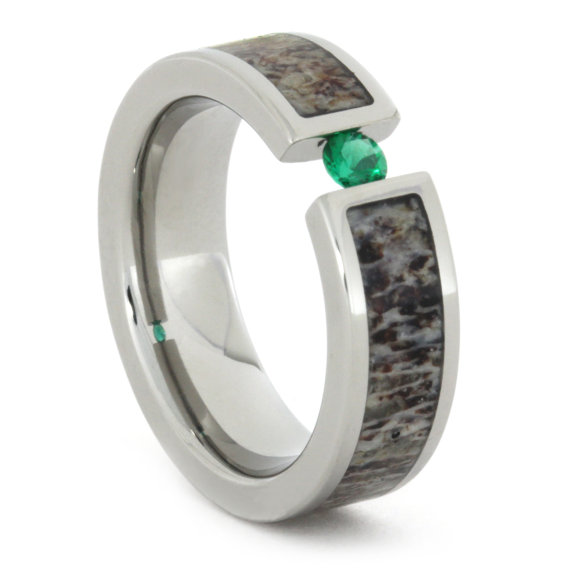Wedding - Titanium Ring with Tension Set Emerald Gemstone and Antler inlay, Engagement Ring