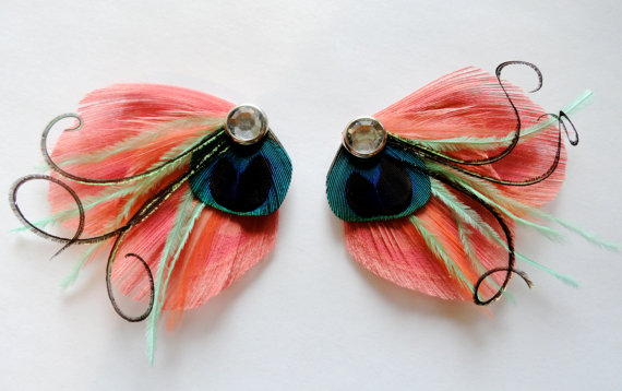 Свадьба - SADIE in Coral, Mint, Shrimp, and Pink Peacock Feather Hair Clip, Feather Fascinator