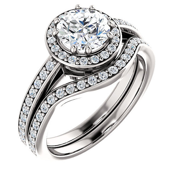Hochzeit - 1ct Forever Brilliant Moissanite Solid 14K White Gold  Halo  Engagement  Ring Set - ST233199
