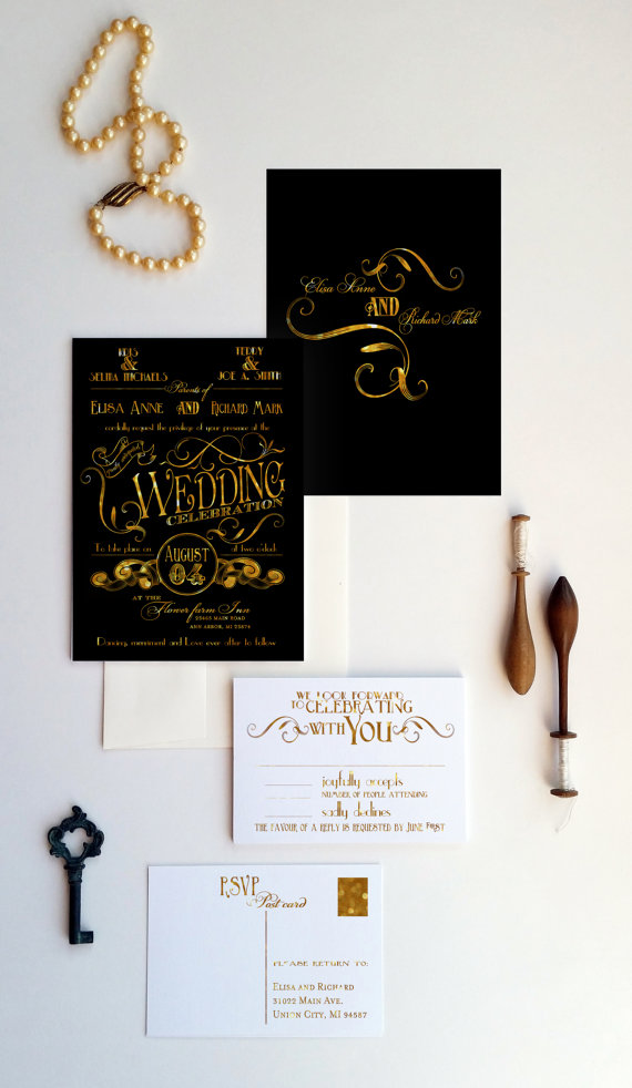 Свадьба - Gatsby wedding invitation - roaring twenties wedding invitation, art nouveau wedding invite sample Faux gold print