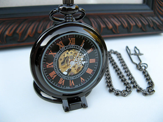 Свадьба - 19th Century Pocket Watch, Black Roman Mechanical, Pocket Watch Chain - Groomsmen Gift - Steampunk - Watch - Item MPW44