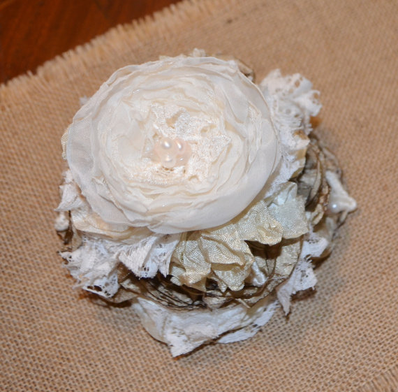 زفاف - Wedding Cake Topper if Ivory and Beige Satin and Organza Handmade Flowers -  Gorgeous  -Can Be Custom Made to Order