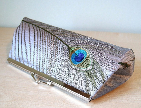 Mariage - EllenVintage Silk Peacock Clutch in Silver, Wedding clutch, Bridal clutch, Bridesmaid clutch, Evening bag