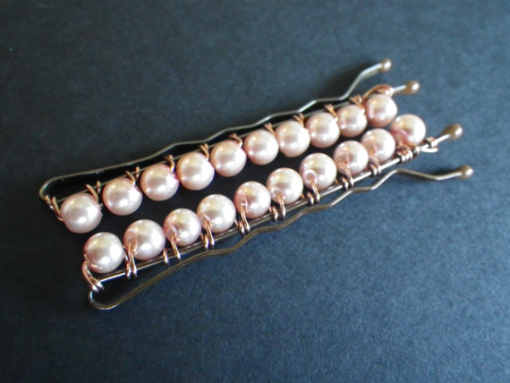 زفاف - Light Peach- Glass Pearls- Beaded- Wire Wrapped- Bobby Pins- Hair Pins- Hair Jewelry- Wedding- Bridal- Bride's Maid- Gift for Her- Woman