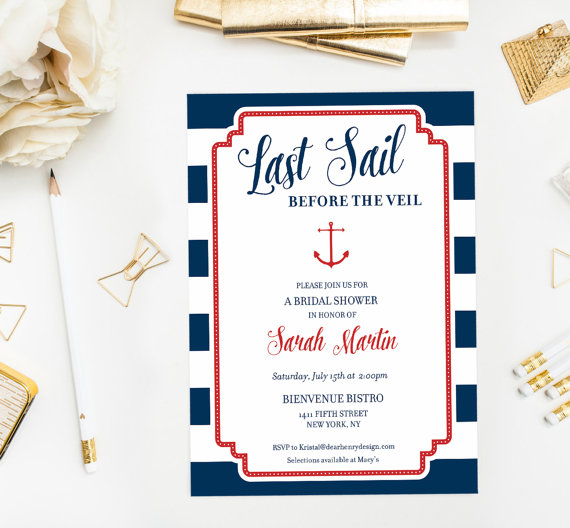 Свадьба - Last Sail Before the Veil Nautical Bridal Shower Invite, Professionally Printed or Printable Invitations, Preppy Bachelorette Party, Knot