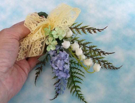 Hochzeit - One of a Kind Original Vintage Style Mothers Day Nosegay Corsage Package Topper lavender Birthday Wedding Anniversary Brooch Hair