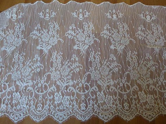 Wedding - Beautiful Chantilly Floral Lace Trim in Off white with Scalloped edge For Shawls, Bridal Gown, Lingerie, Bridesmaid Clutch, Costumes