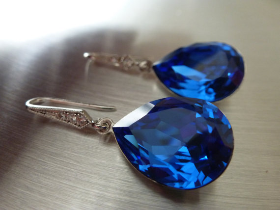 Mariage - Blue Sapphire Earrings Crystal Teardrop Swarovski  Blue Wedding Jewelry Bridal Earrings Zirconia Vintage Earrings Blue earrings Sapphire