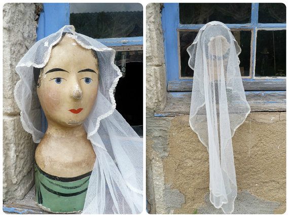 Hochzeit - Vintage 1920 Exquisite French  net bridal veil /Wedding 36.5" x 28.3"