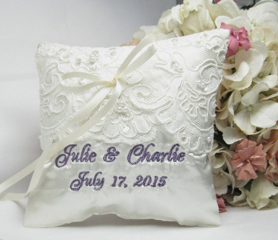 Mariage - Satin and Lace Ring Bearer Pillow, Lace Wedding Pillow, Satin Ring Pillow, Custom, Personalized, Ring Pillow