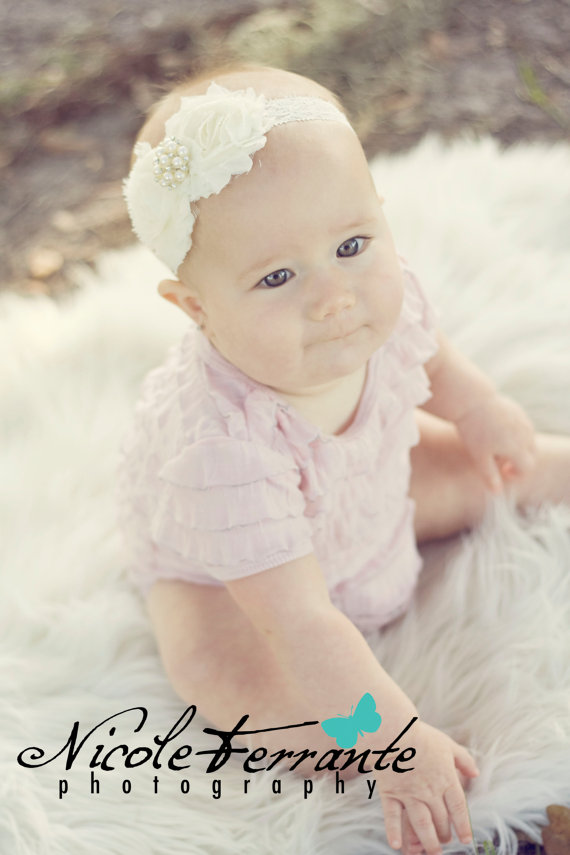 زفاف - 20% off entire order, Ivory Shabby Flowers Lace Headband with Pearl Rhinestone, Newborn Headband, Newborn Photo Prop, Baptism Christening