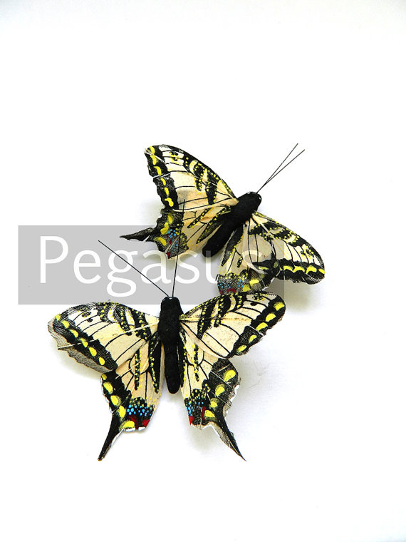 زفاف - Yellow Anise Swallowtail Butterfly (2 Pieces) painted feather butterfly for bridal, party favors,placecards,girls hair clips,scrapbooking