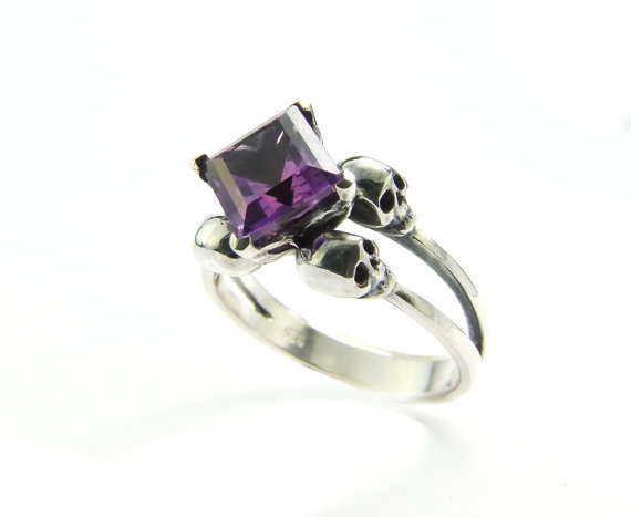 Свадьба - Skull Wedding Ring Square Amethyst Memento Mori Sterling Jewel Skull Ring Purple Goth Engagement Ring Rockabilly Womens Ring All Sizes