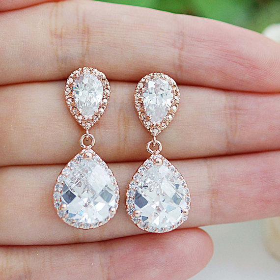 Hochzeit - Wedding Jewelry Bridal Earrings Bridesmaid Gift Bridal Jewelry LUX Rose Gold clear white cubic zirconia Crystal tear drop Wedding Earrings