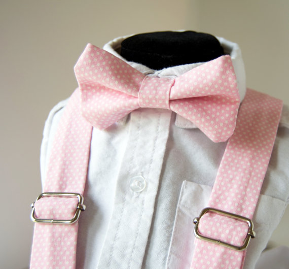 زفاف - Pink Polka Dot Bow Tie & Suspenders Set -Pink Pin Dot - Baby Toddler Child Boys - Wedding