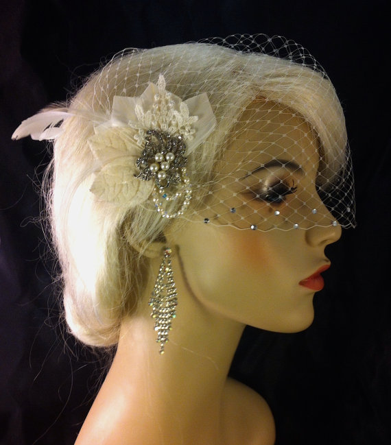 Wedding - Ivory Bridal Fascinator and Birdcage Veil, Bridal Headpiece,  Bridal Hair Clip, Swarovski Crystals and Pearls, Great Gatsby, Ivory Hair Clip