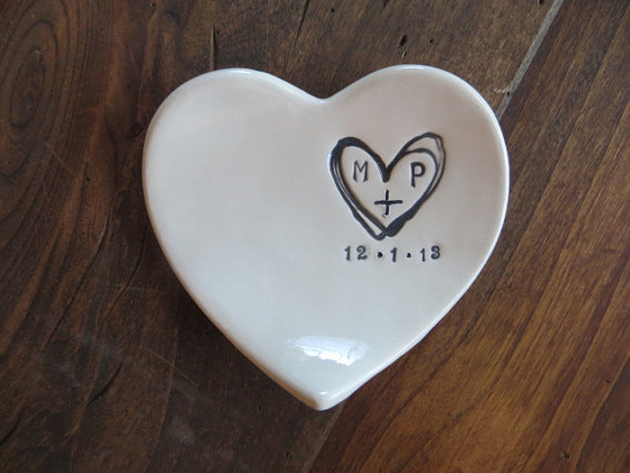 زفاف - monogram ring dish, engagement ring holder,  custom ceramic  heart shaped jewelry bowl,  Black and White Pottery,  Gift Boxed