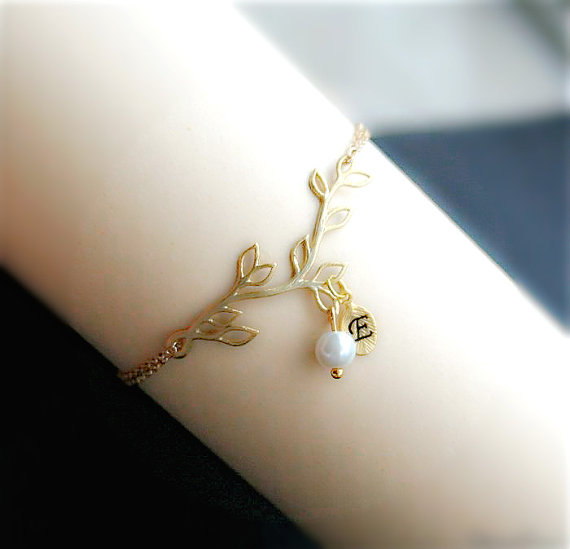 Wedding - Gold Branch Bracelet, Gold Initial Bracelet, Leaf Bracelet, Personalized Leaf , Monogram Bracelet, Wedding Jewelry, Bridesmaids Gift