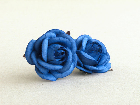 زفاف - 50mm Large Blue Roses (2pcs) - mulberry paper roses with wire stems - Great for wedding decoration and bouquet [176]