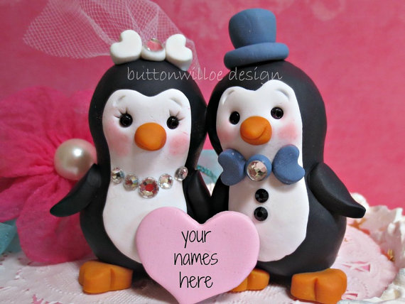 Hochzeit - Happy Penguin Love Wedding Cake Topper Fun Decor or Wedding Gift and Memento