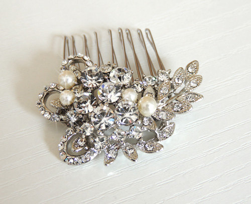 زفاف - Leah - Pearl and crystal hair comb, bridal hair comb, wedding accessory, vintage hair comb, bridal jewelry, rose gold