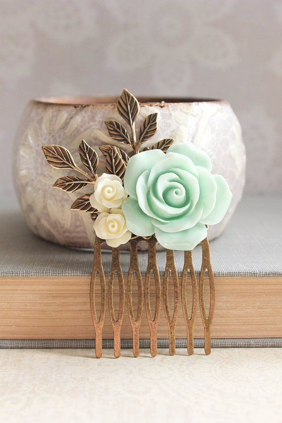 Wedding - Wedding Hair Comb Mint and Ivory Bridal Accessories Bridesmaid Gift Romantic Vintage Inspired Big Aqua Mint Rose Hair Piece Flower Hairpiece