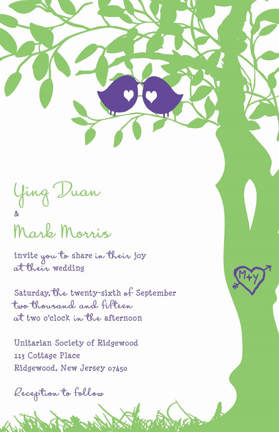 زفاف - Love Bird Wedding Invitations -  Purple and Green Tree Wedding Invitation - Love birds in a tree - RUSH Custom Listing for yingyduan