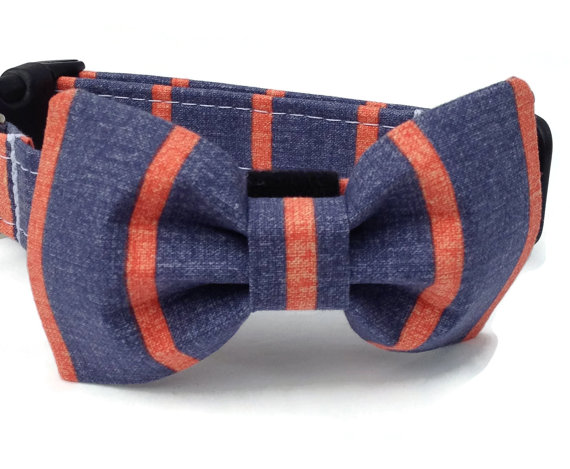 زفاف - Denim Blue and Coral Stripe Dog Bow Tie for Small to Large Dogs