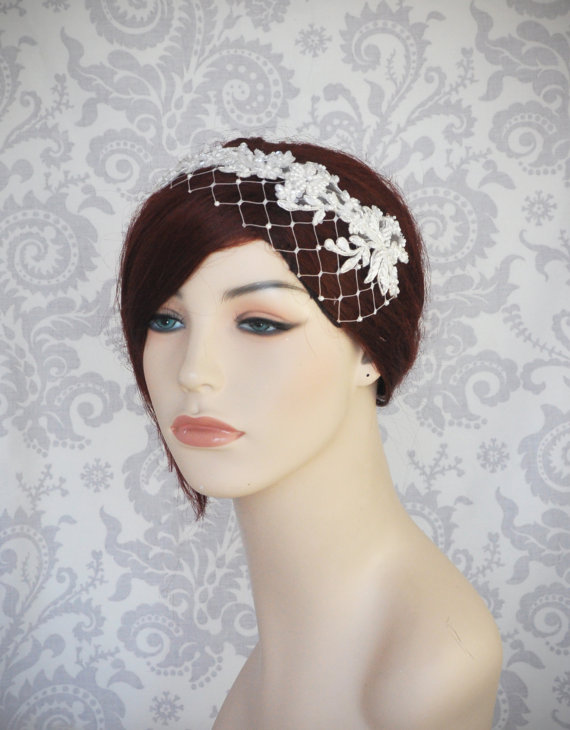 زفاف - Lace Bridal Headband with Birdcage Veil, Bridal Headpiece, Flower Wreath, Merry Widow, Beaded Lace Pearls, White or Ivory - 100BC