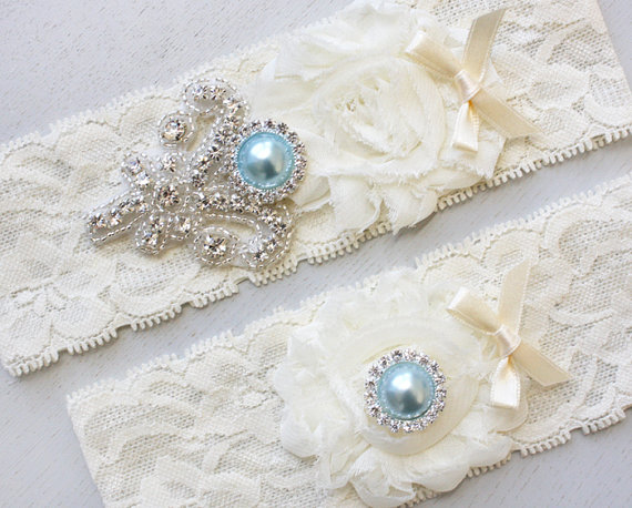 Hochzeit - NIKKITA - Light Blue Pearls Chiffon Roses Vintage Inspired Wedding Ivory Lace Garters, Rhinestone Crystal Bridal Garter Set