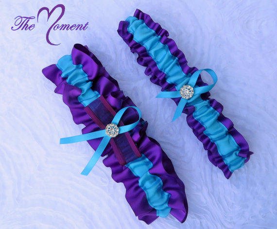 Hochzeit - Bridal Garter, Wedding Garter, Purple and Turquoise Garter Set, Keepsake and Toss-away Garter Set, Ribbon Garter, Prom Garter