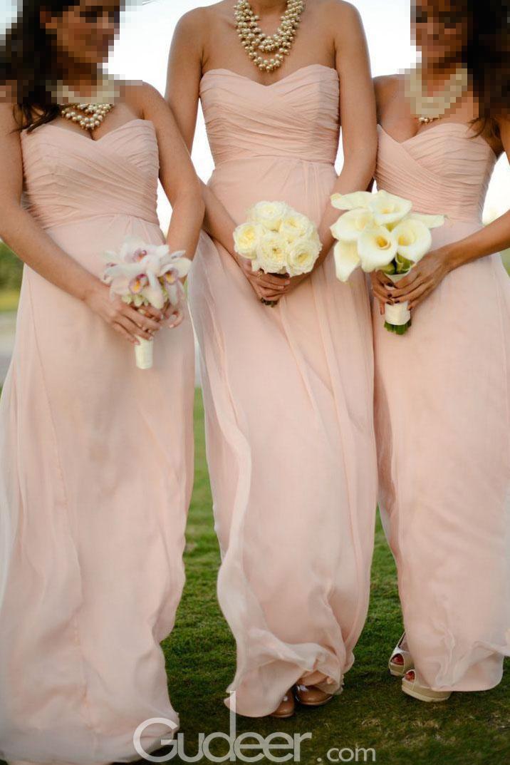 Hochzeit - Beautiful Blush Patel Pink Strapless Sweetheart Long Chiffon Bridesmaid Dress