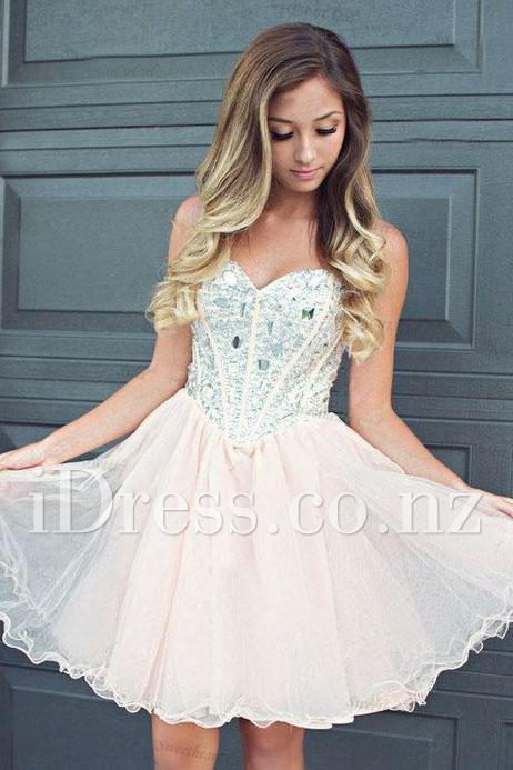 Mariage - Rhinestone Strapless Sweetheart Corset Bodice Blush Prom Dress