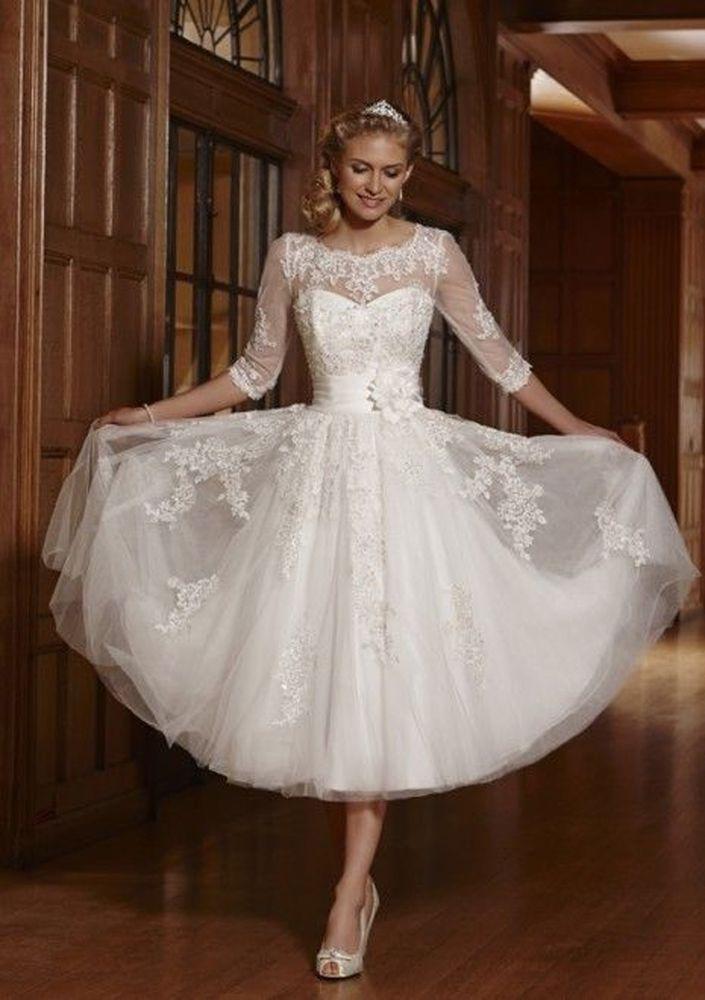 Hochzeit - Vintage New Tea Length White/Ivory Lace Wedding Dress Custom Size All Size