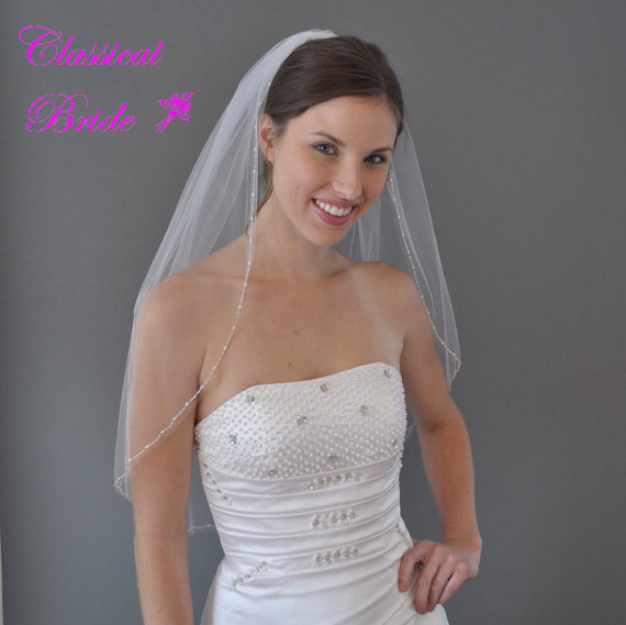زفاف - MIMI -- Rice Pearl and Silver Bead 1 Tier 30 Inch Elbow Veil in White, Diamond White, or Ivory Tulle, custom handmade bridal wedding veil