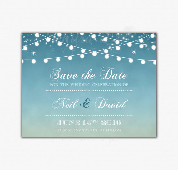 زفاف - Sunset Save the Date Cards - Printed or Printable, Wedding Invitation Destination Engagement Starry Night String Lights Blue Yellow - 