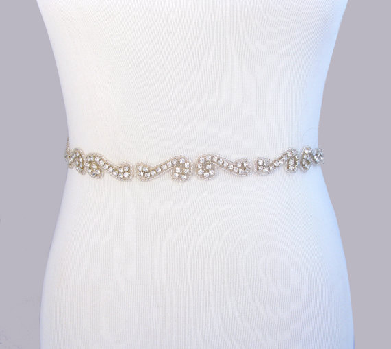 Hochzeit - Bridal Belt, Crystal Rhinestone Wedding Dress Sash, Jeweled Beaded Gown Sash, 35 Satin Color Options / Ivory / Champagne / Black / Pink