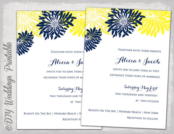 زفاف - Wedding invitation template yellow & navy blue DIY summer wedding invitations "Flower Burst" Gerber Daisy digital printable instant download