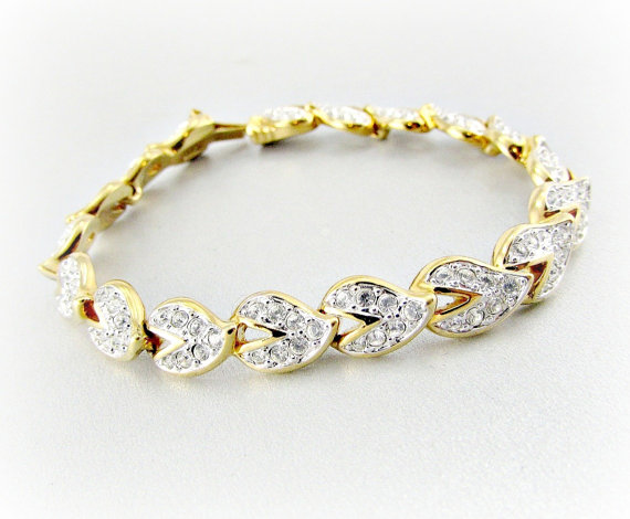 Hochzeit - Vintage SWAROVSKI Crystal Bracelet, Autumn Leaf Bracelet, Clear Crystal Bracelet, 14K Gold Plated Bracelet, 1980s  Wedding Bridal Jewelry