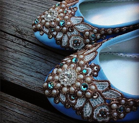 Свадьба - Something Blue Bridal Ballet Flats Wedding Shoes - Any Size - Pick your own shoe color and crystal color