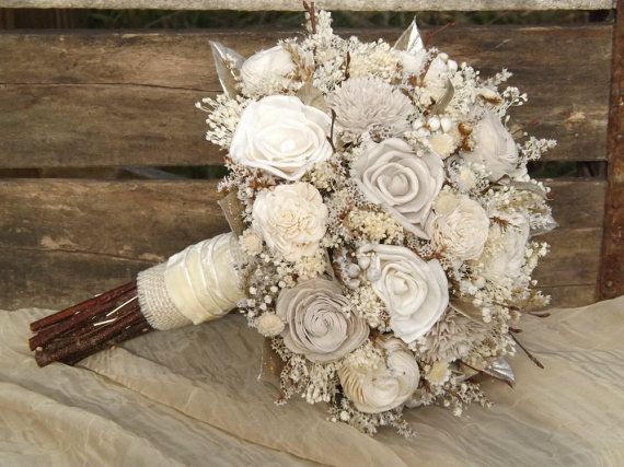 Hochzeit - Rustic Woodland Twig and Sola Flower Bride Bouquet with Platinum Accents Made to Order