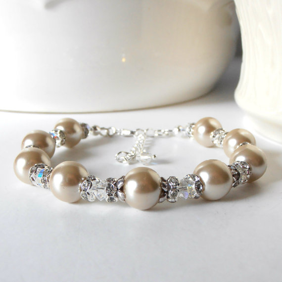 Mariage - Beaded Beige Pearl Bracelet with Clear Crystals and Rhinestones, Champagne Bridesmaid Jewelry Sets, Handmade Wedding Jewellery, Silver