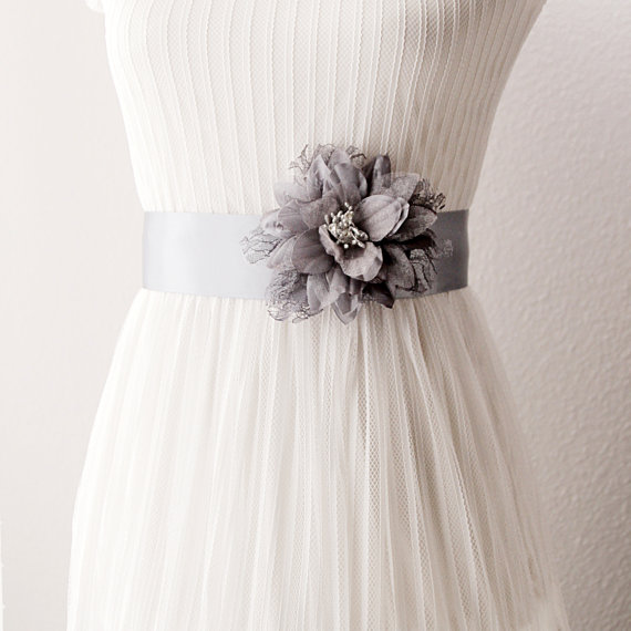 Hochzeit - Bridal Couture - Silver Grey Lace Flower Ribbon Sash Belt - Wedding Dress Sashes Belts - Posh Double Sided Ribbon - Metal Grey Gray Charcoal