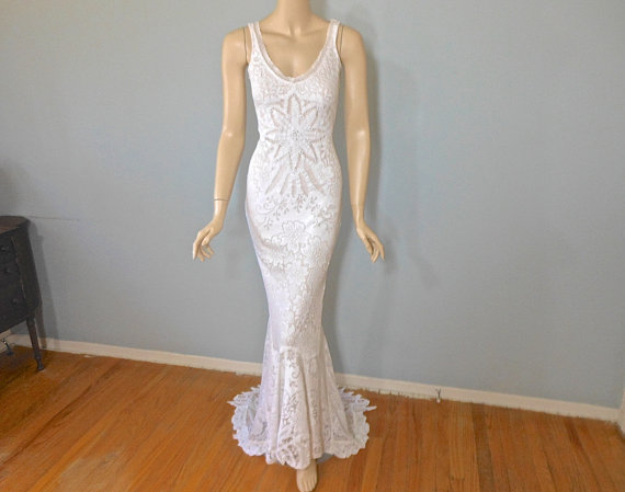 Hochzeit - RESERVED Katie Mermaid Wedding Dress HIPPIE BoHo wedding dress VINTAGE Lace Wedding Dress Sz Small