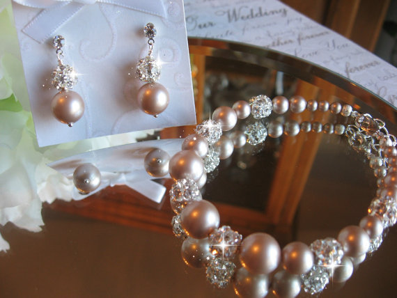 Hochzeit - Swarovski Powder Almond Champagne Pearl and Rhinestone Bridal Bracelet and Earring Set - Bride or Bridemaid Jewelry Set - Wedding Jewelry