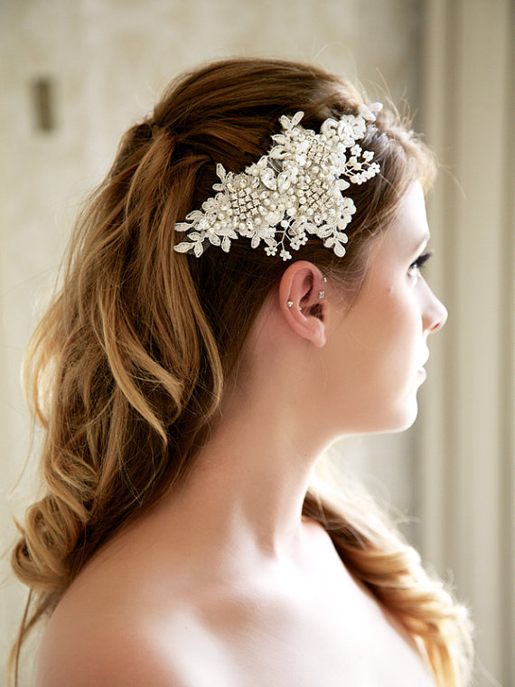 زفاف - Ivory Bridal Lace Headpiece, Crystal Wedding Headpiece, Lace Bridal Hair Comb, Ivory Lace Bridal Hair Accessory, Lace Bridal Comb, STYLE 314