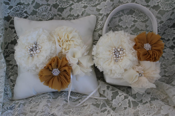 Mariage - Cream/White Flower Girl Basket/Ring Bearer Pillow- Lace Flower Cream and Mustard Chiffon Flowers Accented with Rhinestones and Pearls