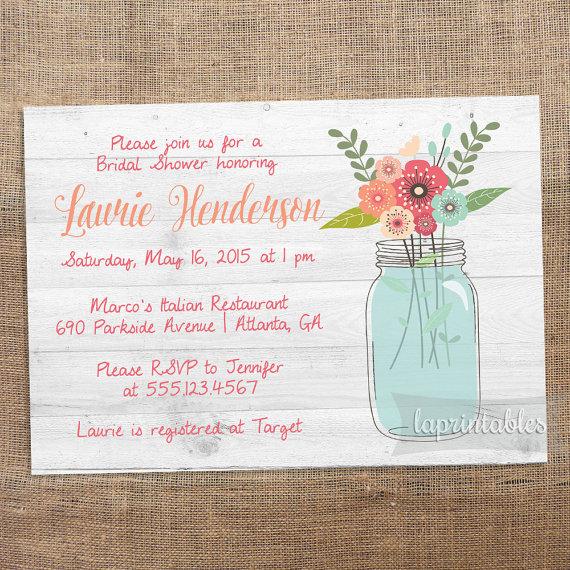 Hochzeit - Rustic Mason Jar Invite - Printable Bridal Shower Invitation - Floral Invite - Rustic Chic Wedding Shower - Wood Invitation - Bridal Shower