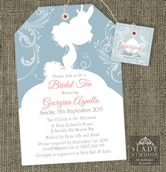 Свадьба - Bride Silhouette Shower Tea invitations. Bridal Shower High Tea traditional tea bag invitation printable.